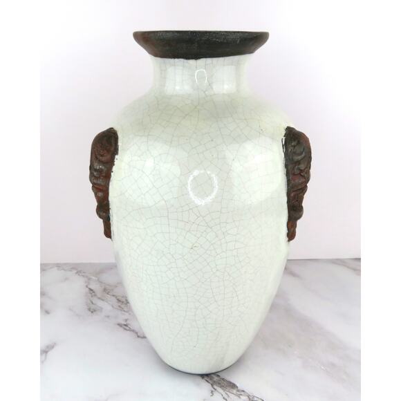 Vintage Large Crackle Glaze Pottery Vase w/ Mask Handles Rustic Asian Style 13" - Picture 1 of 9